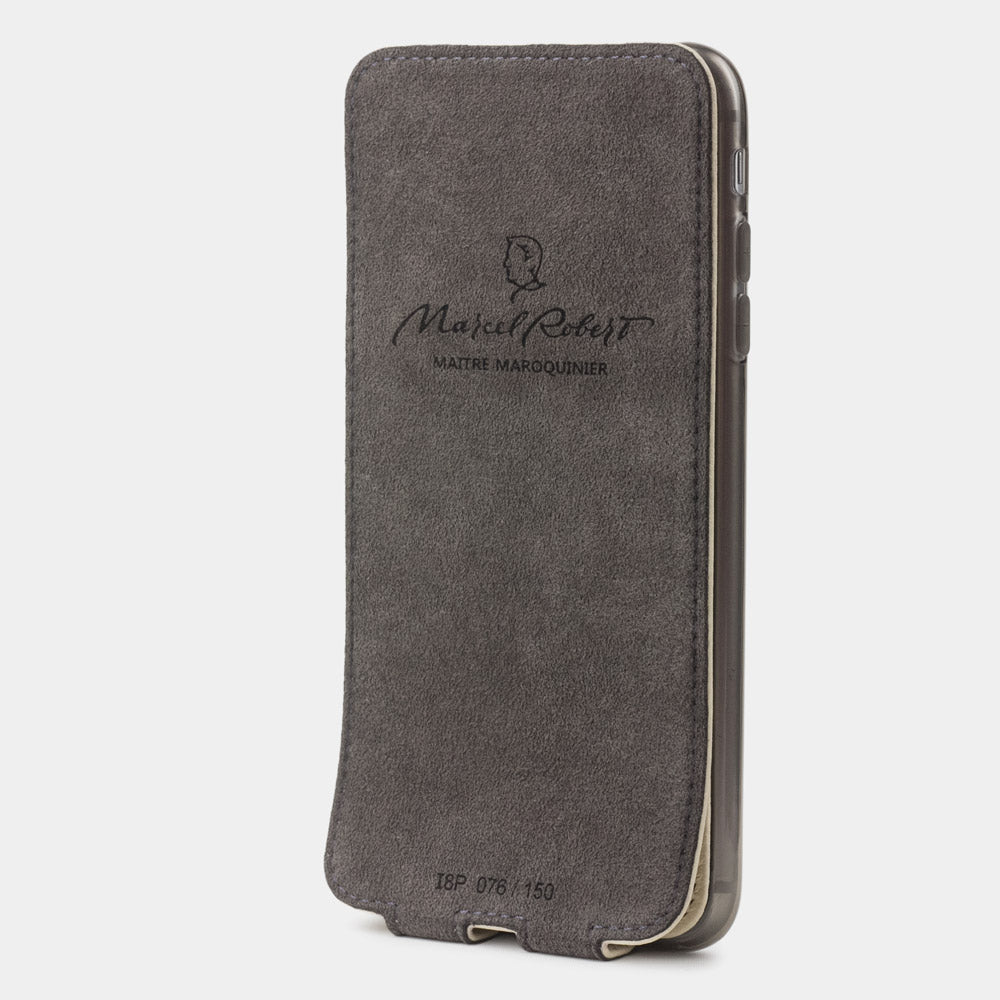 Cream leather flip case for iPhone SE - interior view showing grey Alcantara lining with magnetic closure, designed to clean and protect the screen