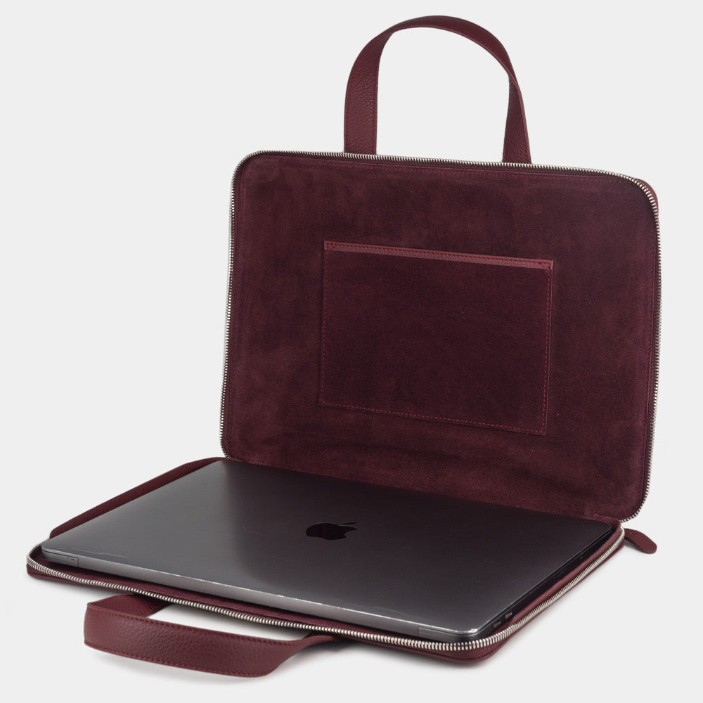 Women’s 14 inch leather laptop bag slim profile with laptop inside, elegant business briefcase
