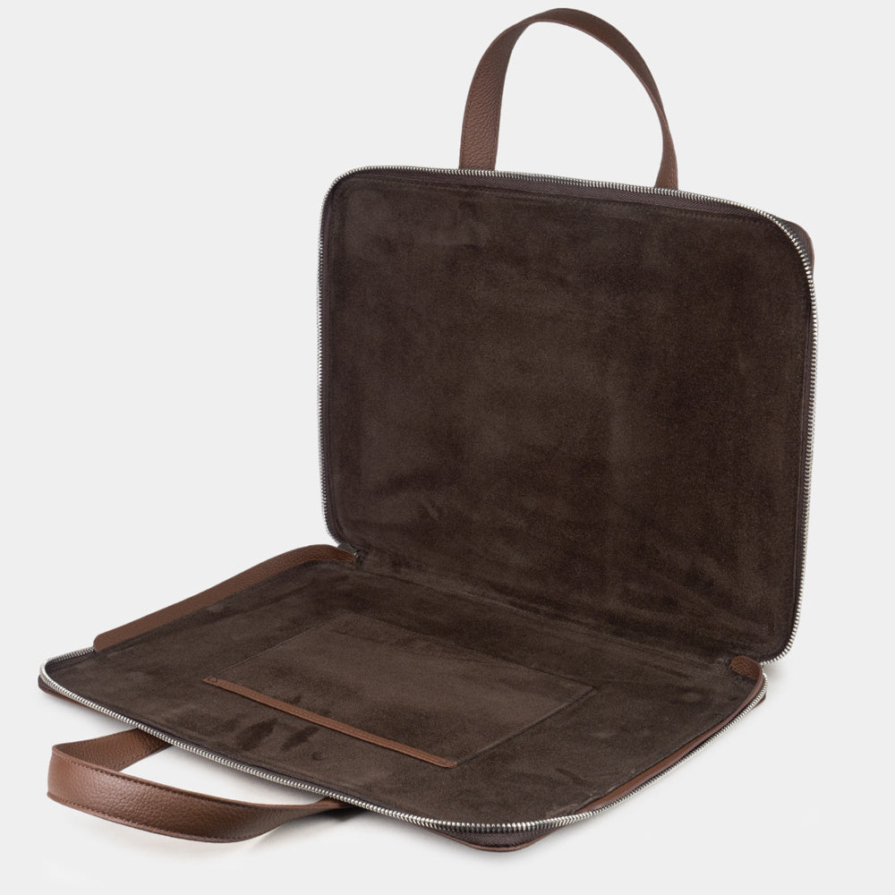 Slim 14 inch leather laptop bag brown interior view, elegant unisex business briefcase