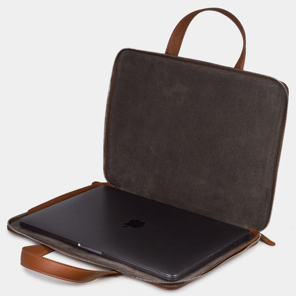 Slim gold leather laptop bag 14 inch open with MacBook inside, structured interior compartment