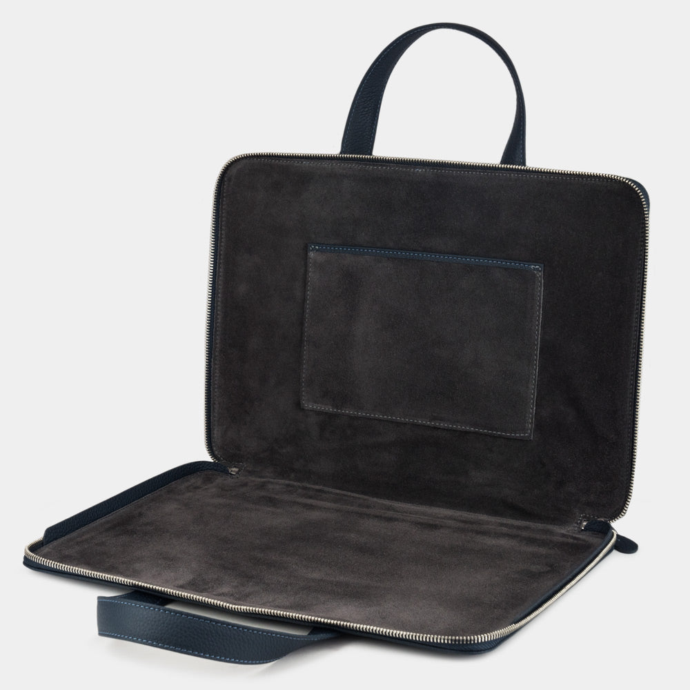 Black 14 inch leather laptop bag with pockets interior view, structured professional compartments