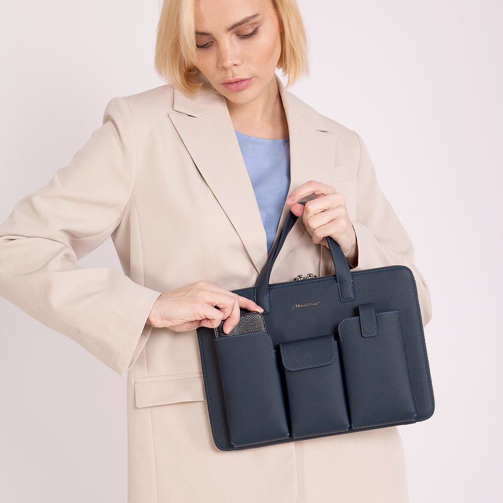 Leather Notebook Bag 14'' with Pockets Blue | Marcel Robert - 1