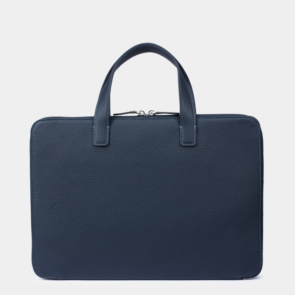 Men’s 14 inch blue leather laptop bag back view, clean structured design