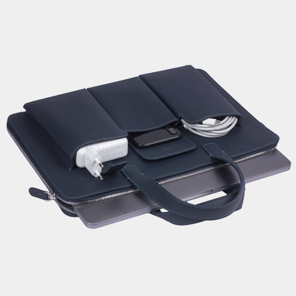 Men’s 14 inch leather laptop bag with pockets blue holding laptop and documents, organised layout
