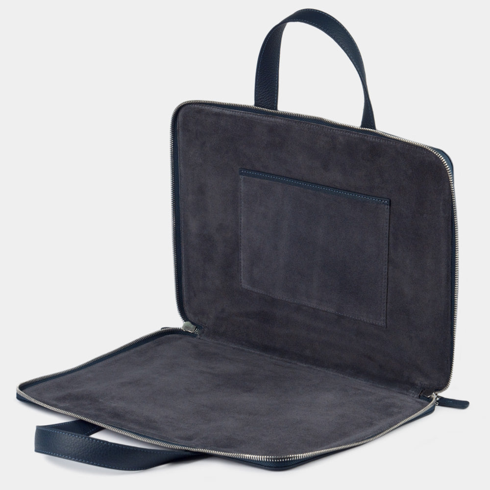 14 inch blue leather laptop bag with pockets interior view, structured professional compartments