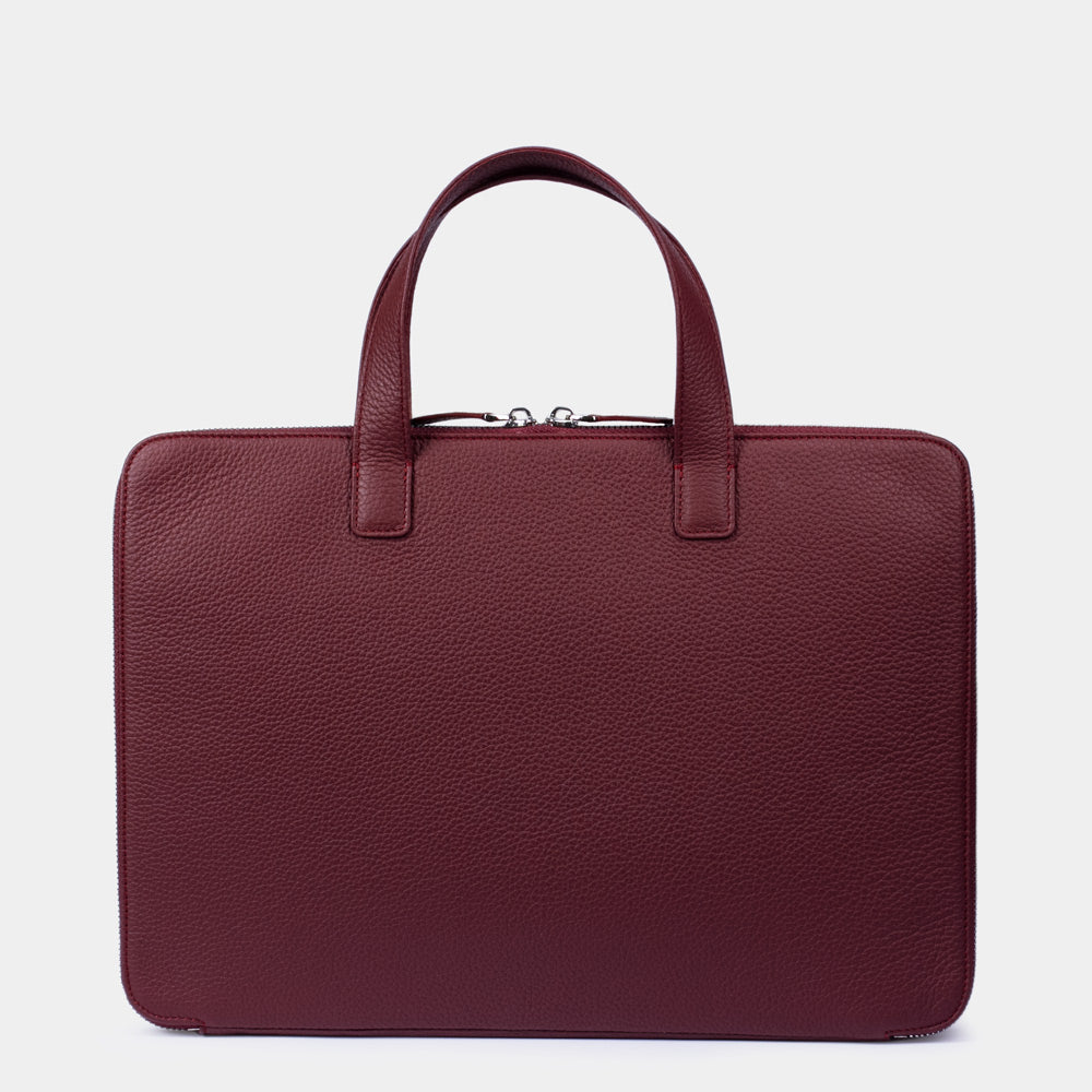 Women’s 14 inch bordeaux leather laptop bag back view, structured professional design