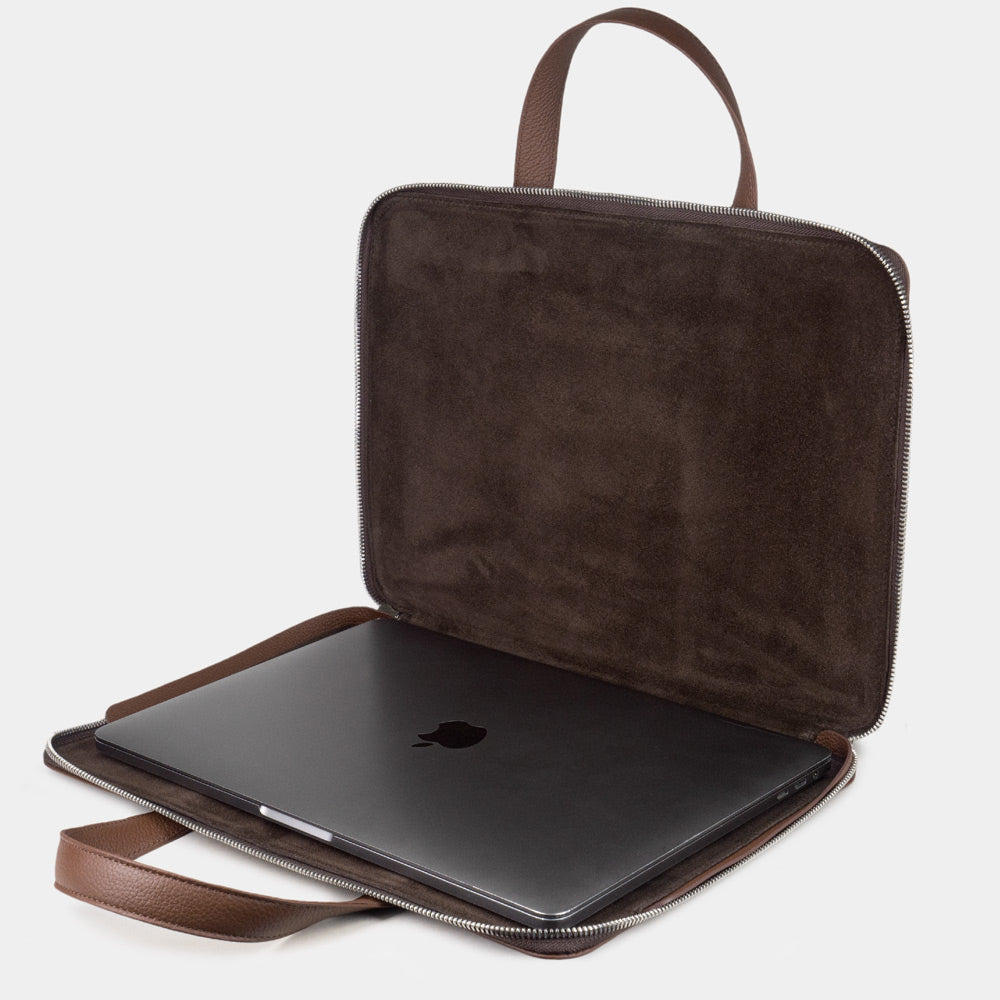 Brown 14 inch leather laptop bag with pockets with MacBook inside, professional business briefcase