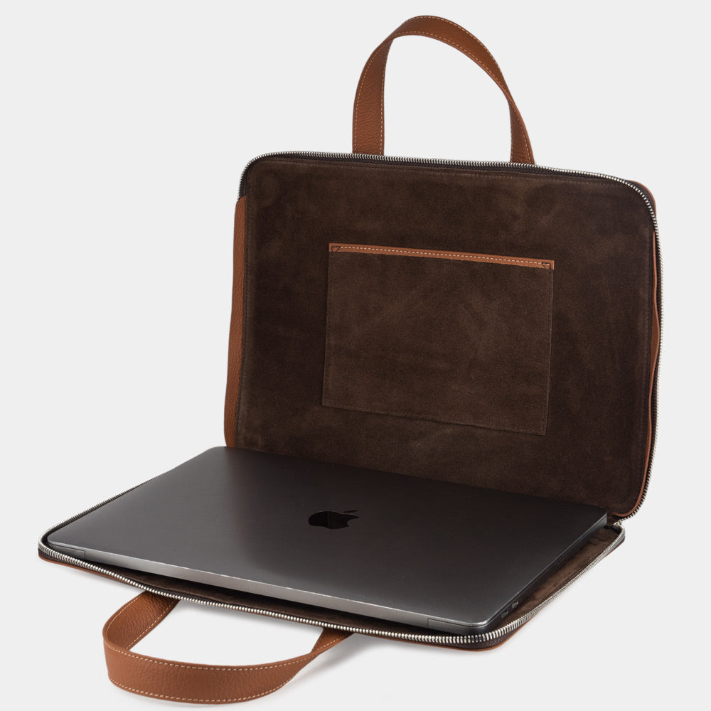 Gold full-grain leather laptop bag 14 inch with MacBook inside, professional structured briefcase