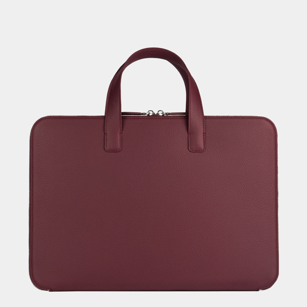 Bordeaux women’s slim 17 inch leather laptop bag back view, clean exterior without pockets