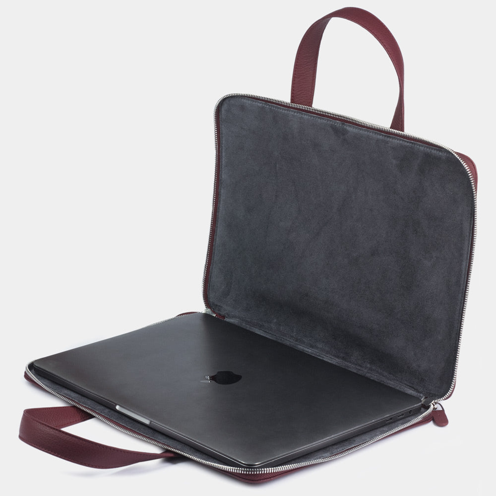 17 inch bordeaux leather laptop bag slim profile with laptop inside, elegant business briefcase