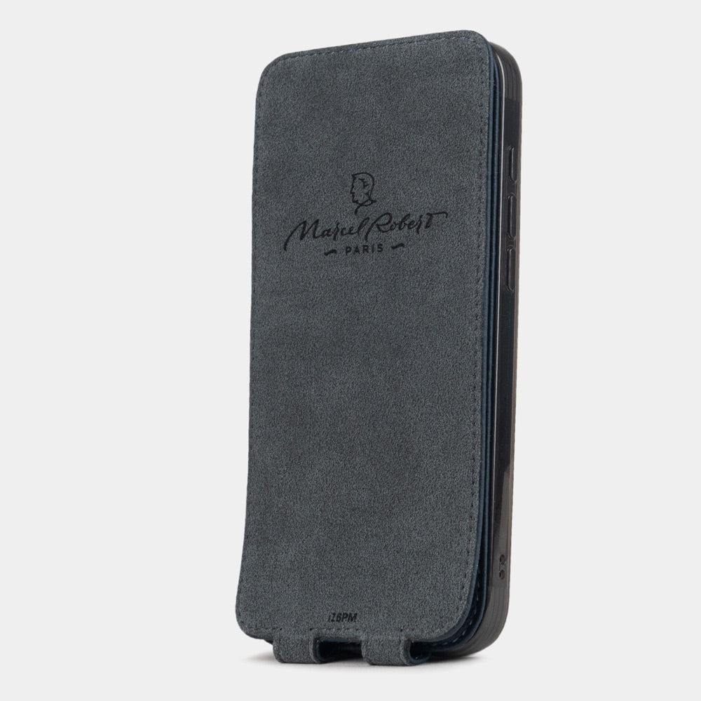blue Calfskin Flip Case iPhone 16 - interior view showing grey Alcantara lining with magnetic closure, designed to clean and protect the screen