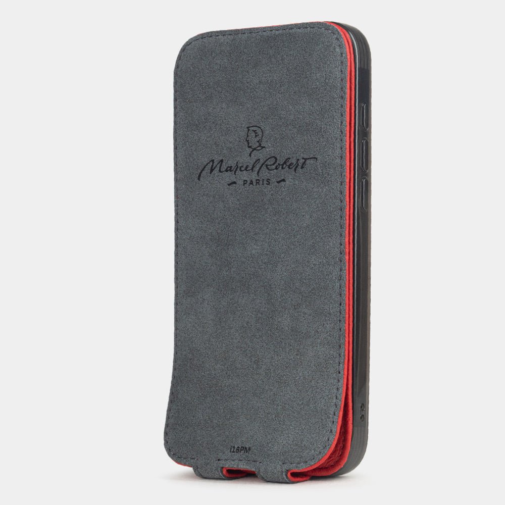 Interior view of Marcel Robert iPhone 17 pro flip case in red calfskin leather, grey Alcantara lining with magnetic closure