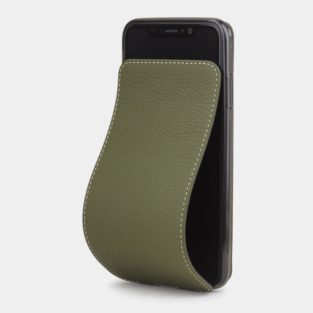 Green leather flip case for iPhone XS Max - front view showing the soft folding cover