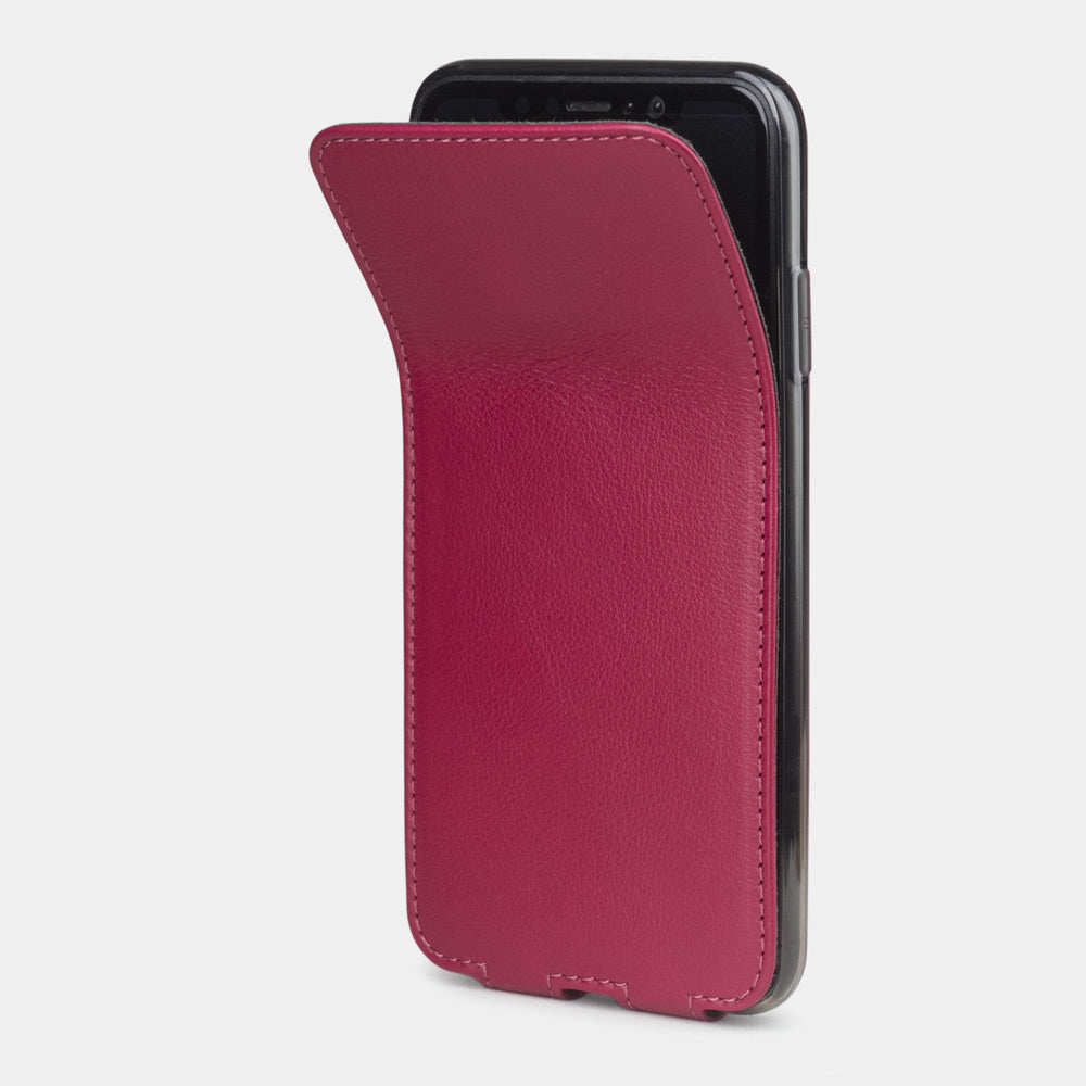 Fuchsia leather flip case for iPhone XS Max - side view showing the folding cover open