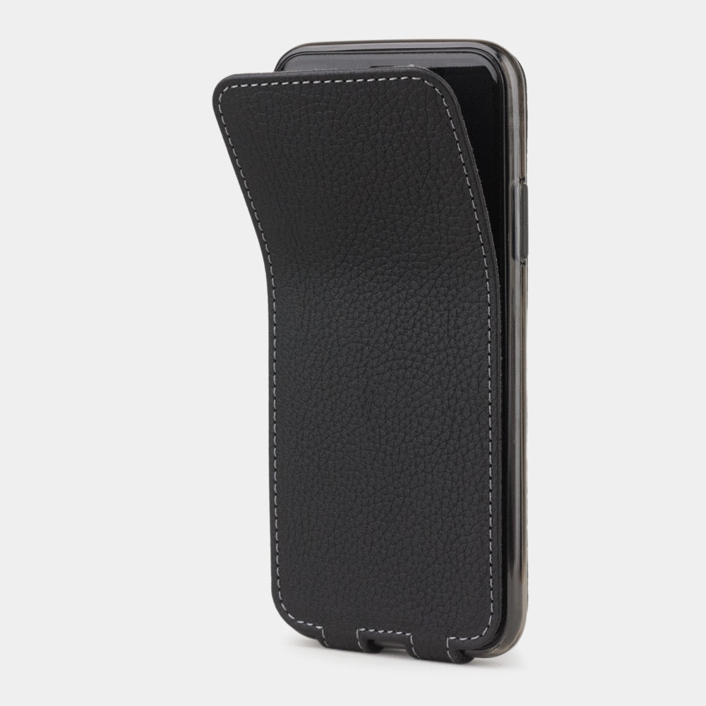 Matte Black leather flip case for iPhone XS Max - side view showing the folding cover open