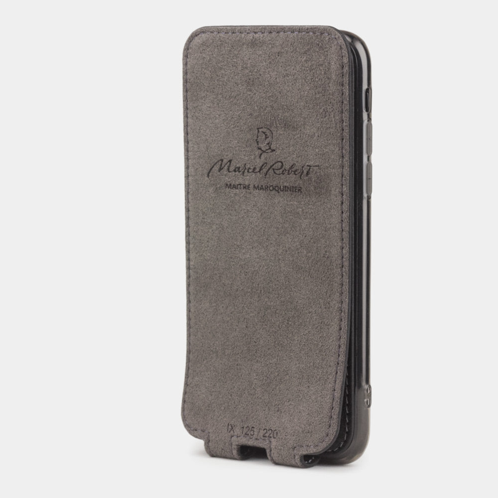 matte black leather case for iPhone XS Max - interior view showing the Alcantara lining used to clean the phone screen
