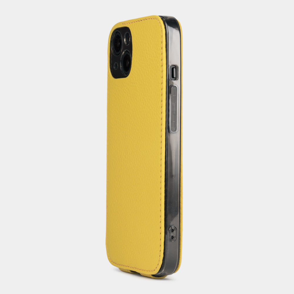 Yellow calfskin leather flip case for iPhone 15 Plus – back view showing the camera cutout and hand-stitched edges