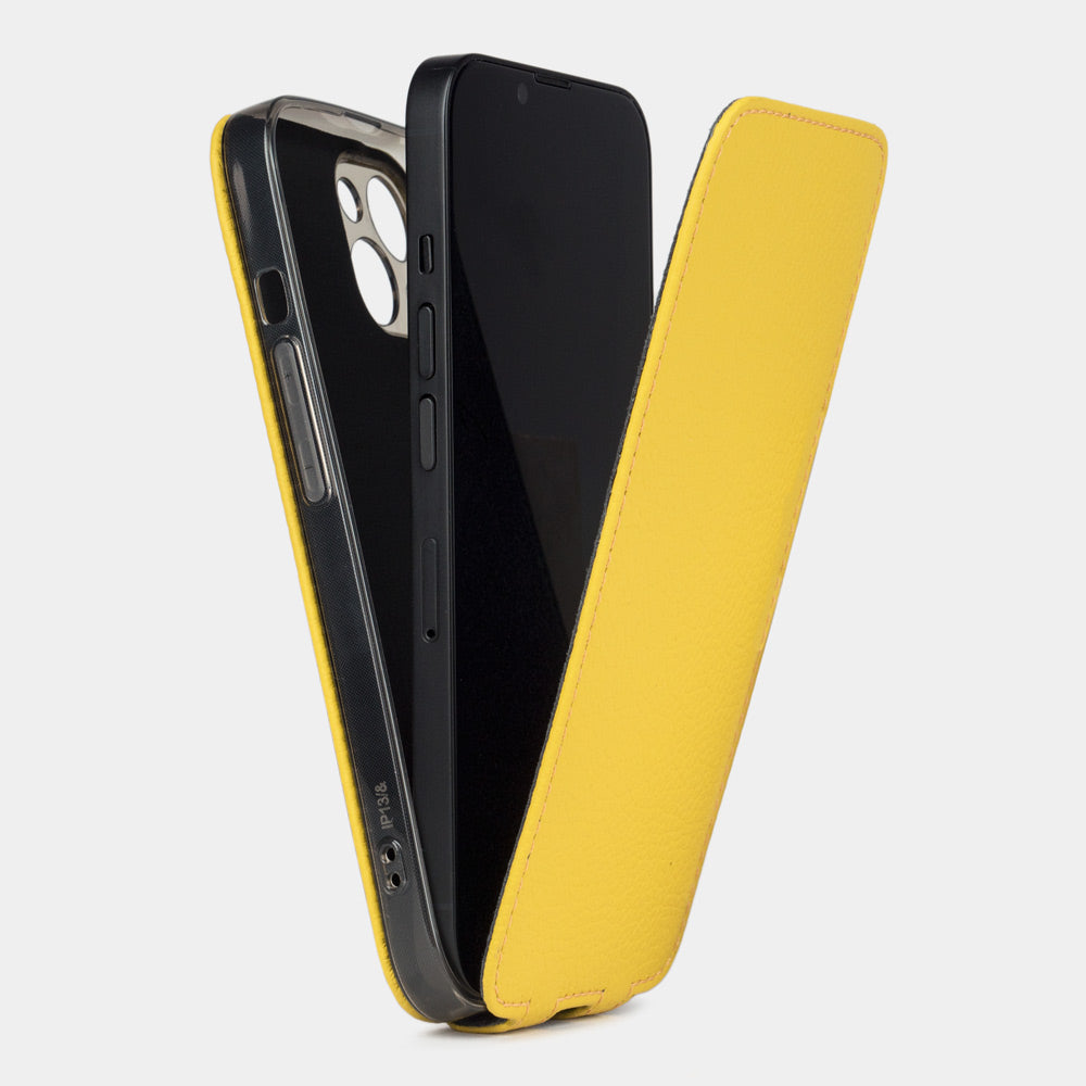 Yellow calfskin leather flip case for iPhone 15 Plus – flap fully open, phone seated in the slim silicone shell