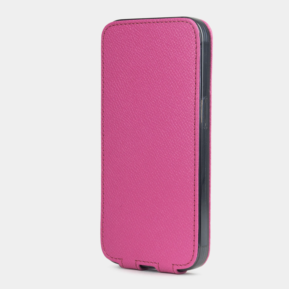 Pink calfskin leather flip case for iPhone 15 Plus – flap closed flat, profile view with side buttons accessible