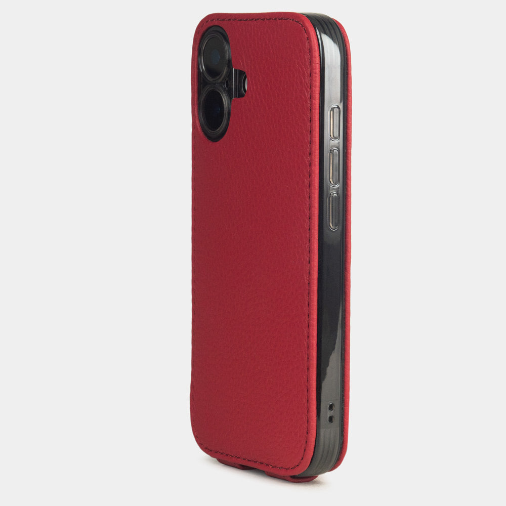 red calfskin leather case iPhone 17 - view from camera side and how the lenses are efficiently protected
