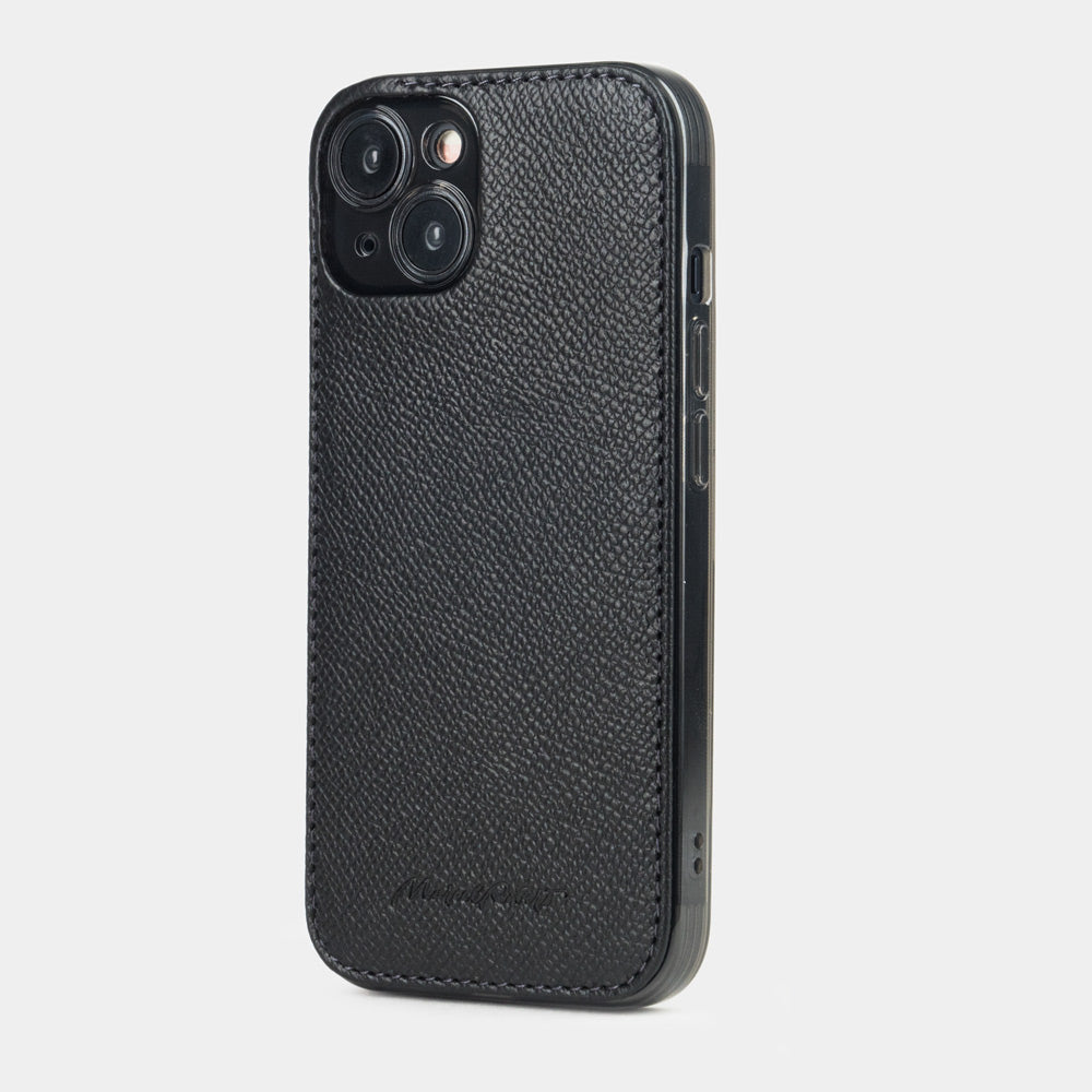 Black Saffiano leather cover case for iPhone 15 Plus – three-quarter back view showing the ultra-thin 2 mm profile and hand-finished edges