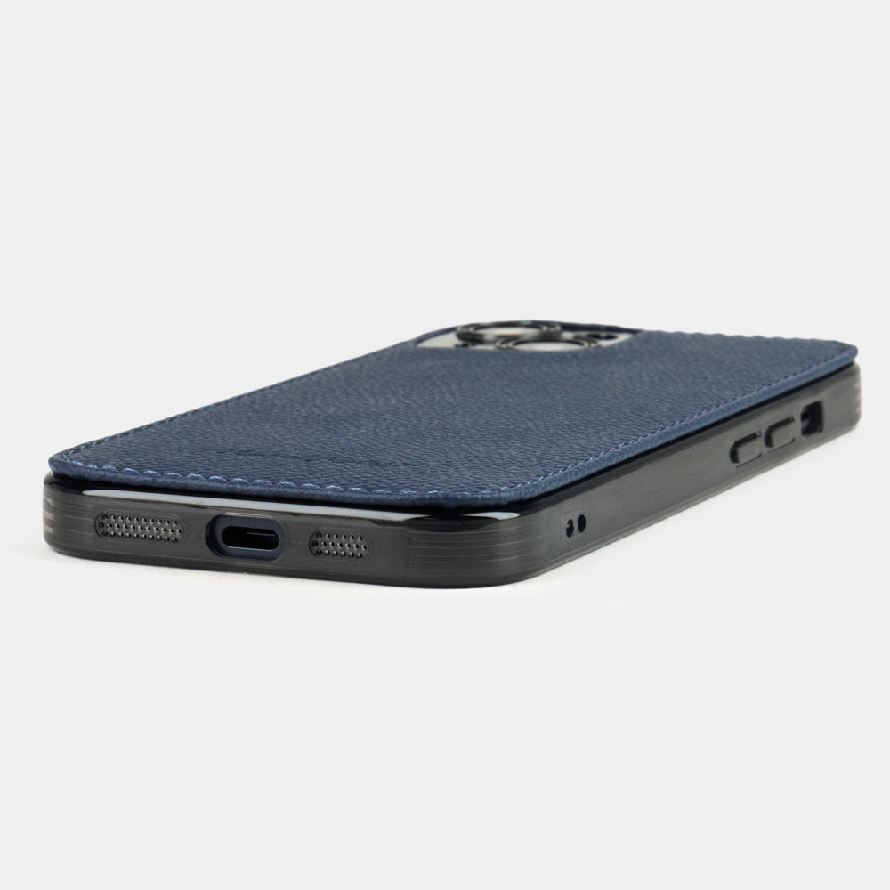 Blue Saffiano leather cover case for iPhone 15 Plus – bottom view with USB-C port opening and speaker cutouts