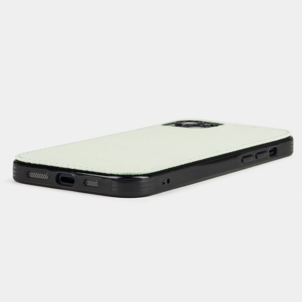 Pastel green calfskin leather cover case for iPhone 15 Plus – bottom view with USB-C port opening and speaker cutouts