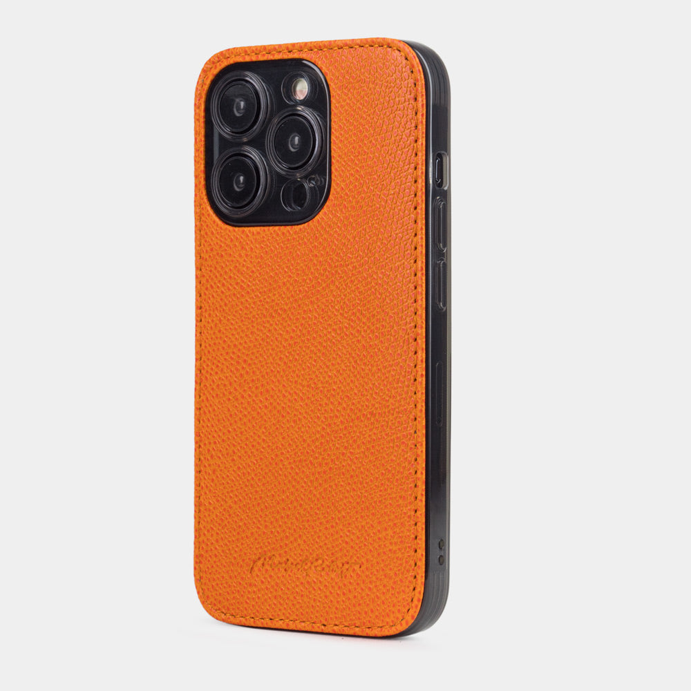 orange leather Cover Case iPhone 15 Pro Max - view from camera side & how the lenses are efficiently protected