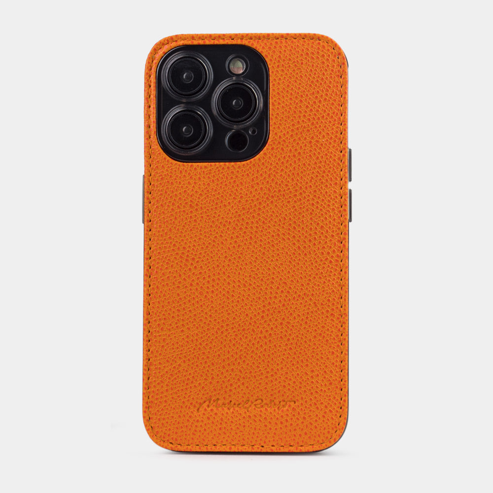 orange leather iPhone 15 Pro Max cover case with slim profile and precision camera cut-out