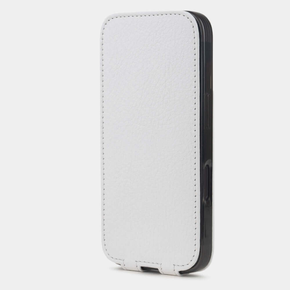 white Calfskin Flip Case iPhone 16 – upright closed view highlighting the magnetic front cover fully protecting the screen, elegant silhouette