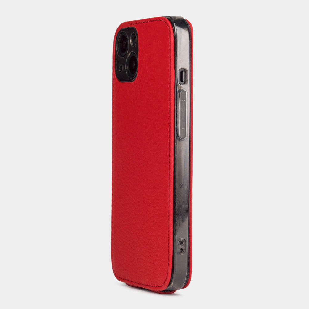 Red calfskin leather flip case for iPhone 15 – back view showing the camera cutout and hand-stitched edges