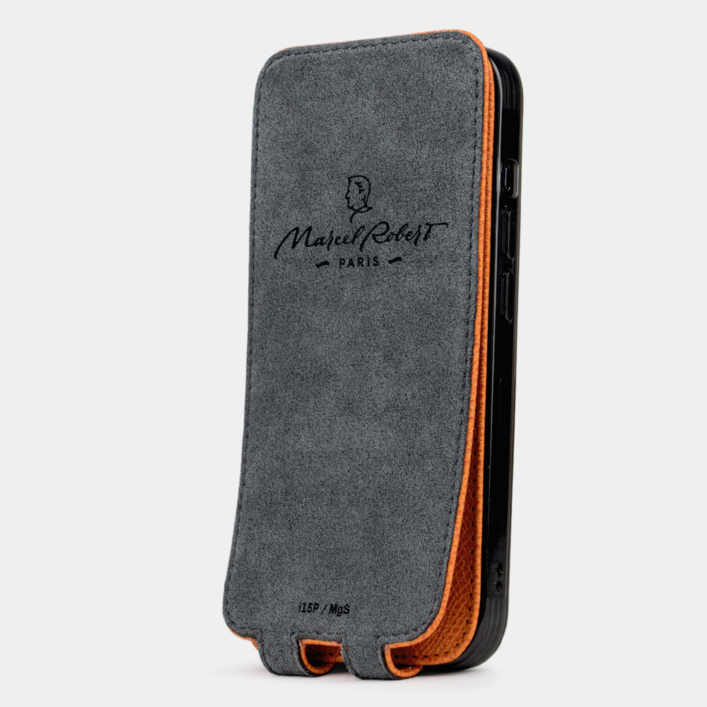 Orange calfskin leather case iPhone 15 Pro Max – back exterior view showing the full-grain leather finish