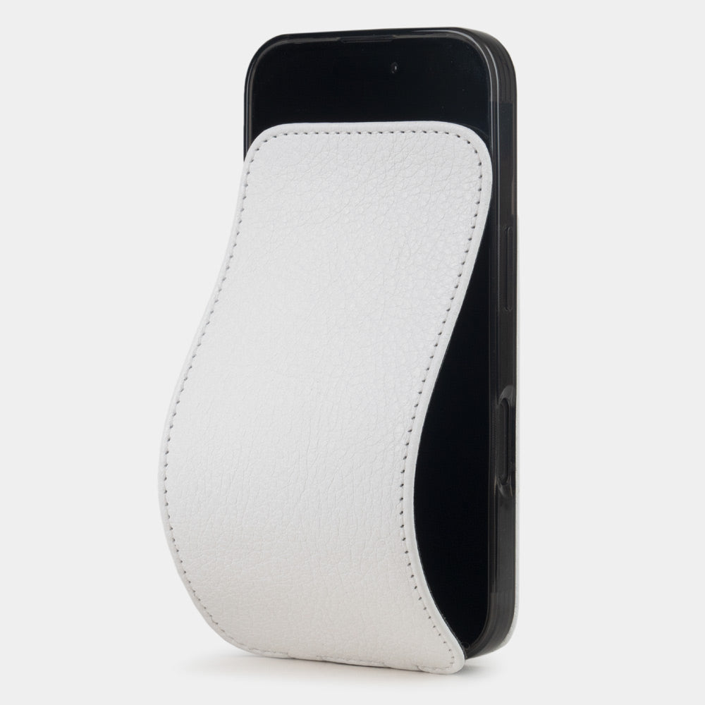 white calfskin leather flip case iPhone 16 Plus – luxury handmade phone case in genuine leather with magnetic front cover partially open