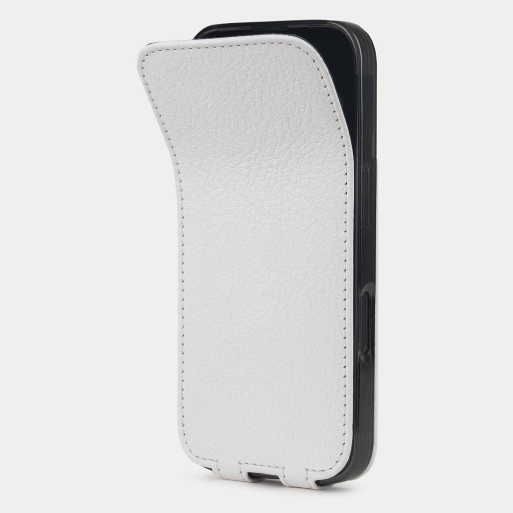 white calfskin leather Flip Case iPhone 16 plus – phone flip case with textured natural scale pattern, flexible front cover folding back to protect the smartphone screen