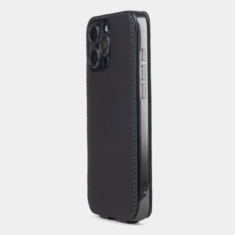 Black Calfskin leather Flip Case iPhone 16 Pro - view from camera side and how the lenses are efficiently protected