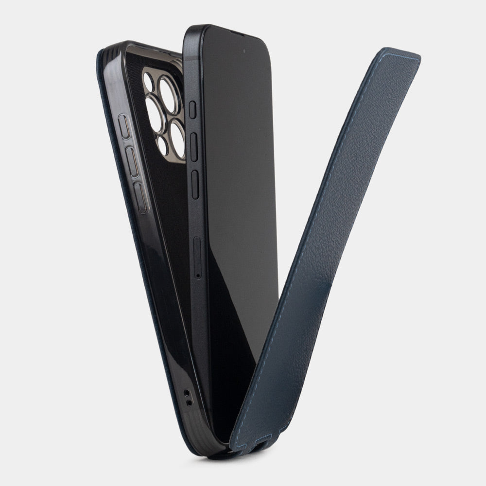 blue calfskin leather Flip Case iPhone 16 Pro - view how the iphone is inserted into the silicone case and the soft cover