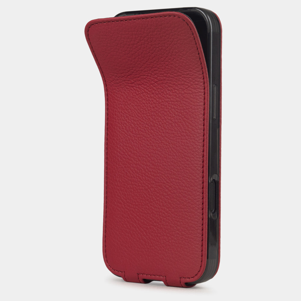 red leather flip case iPhone 17 – phone flip case with textured natural scale pattern, flexible front cover folding back to protect the smartphone screen