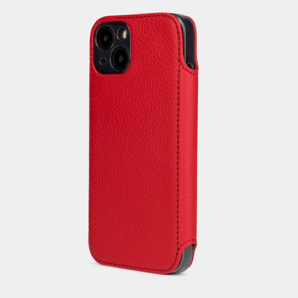 Red Calfskin Wallet Case iPhone 15 Pro Max – upright closed view highlighting the magnetic front cover fully protecting the screen, elegant silhouette