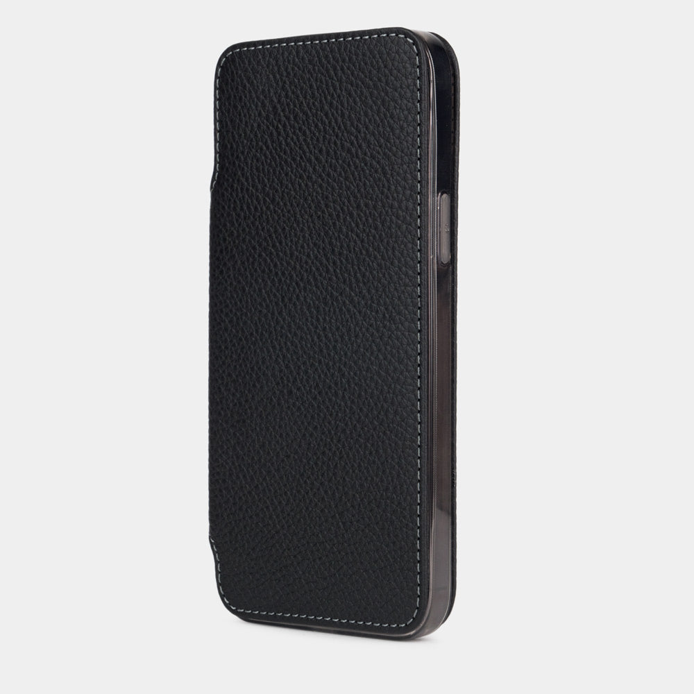 Black Calfskin Wallet Case iPhone 15 Pro Max – upright closed view highlighting the magnetic front cover fully protecting the screen, elegant silhouette