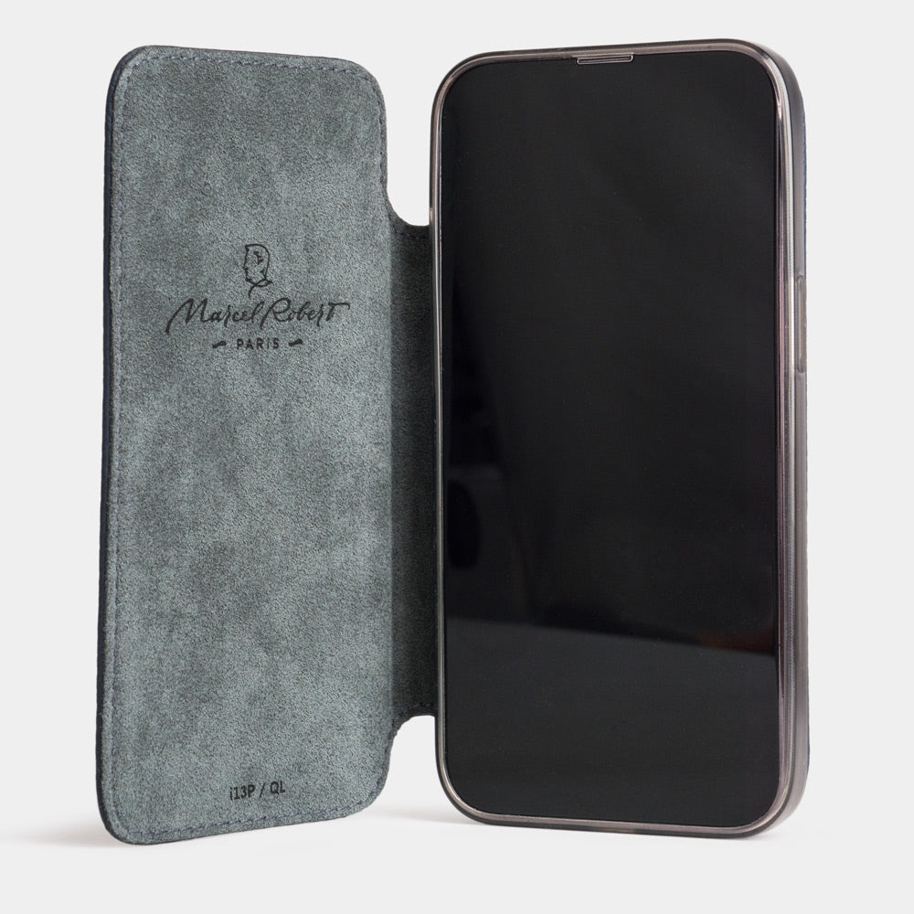 iPhone 15 Pro Blue Calfskin Leather Wallet Case – MagSafe