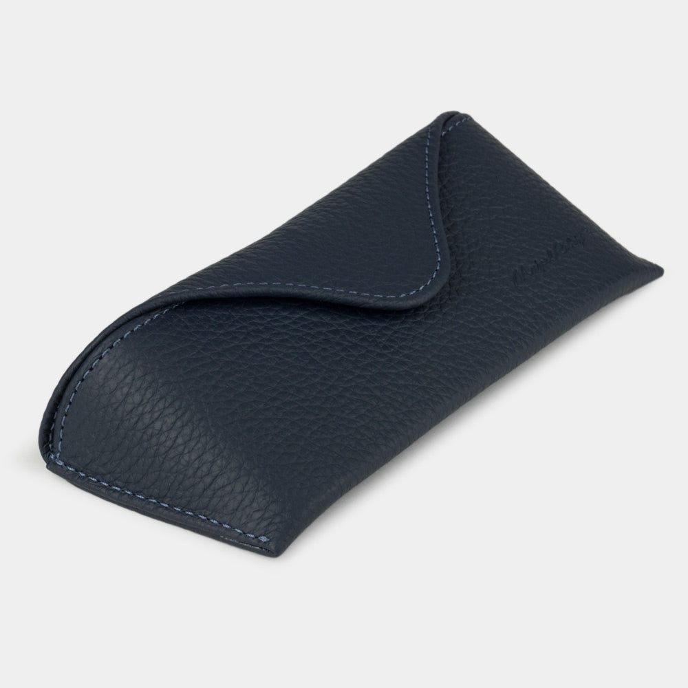 Blue calfskin Casual glasses case at an angle, curved magnetic flap