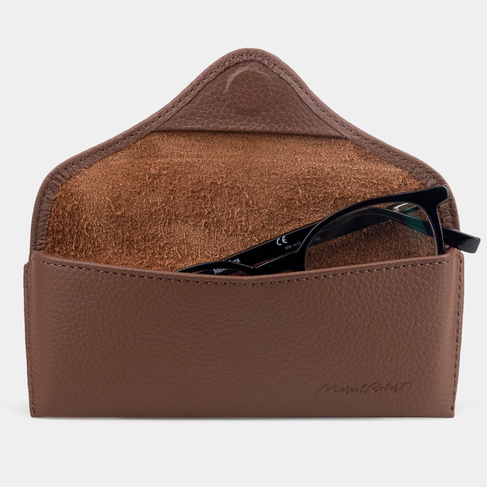 Casual glasses case in brown calfskin, flap open with glasses inside