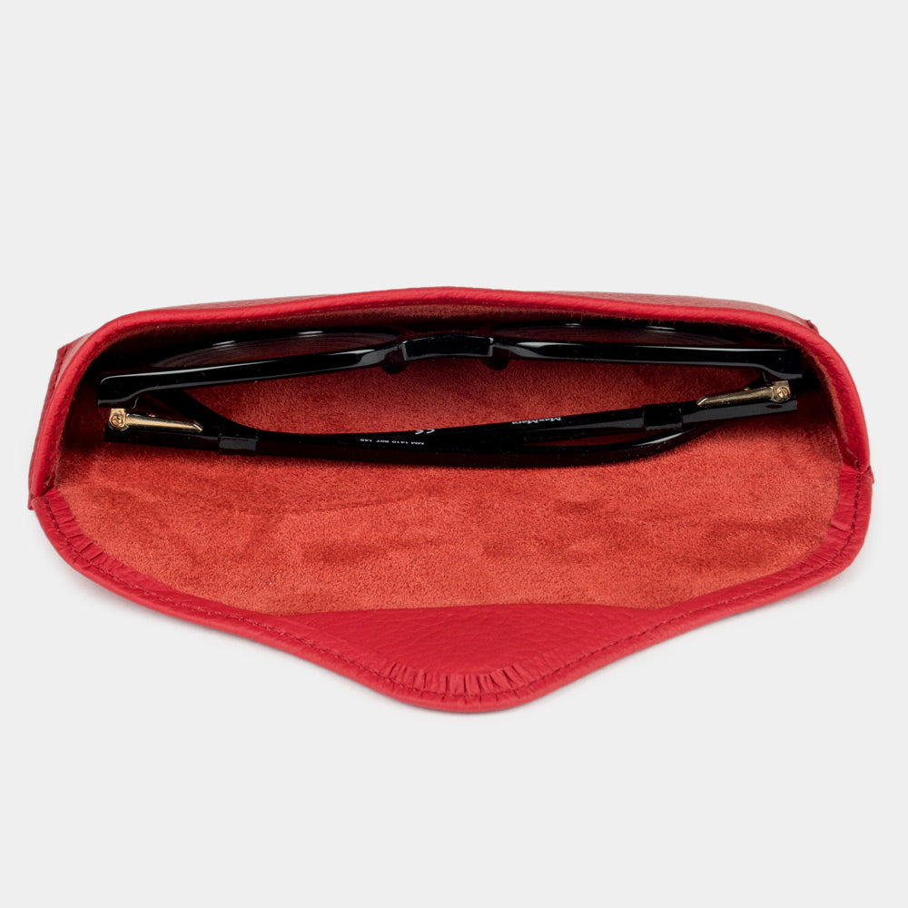 Luxury red leather hard sunglasses case with rigid protective construction
