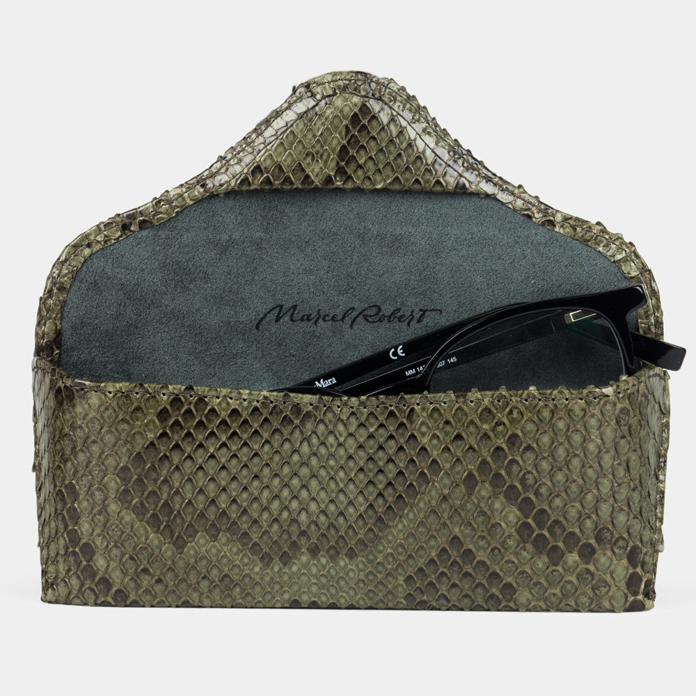Casual glasses case in green python leather, flap open with glasses inside