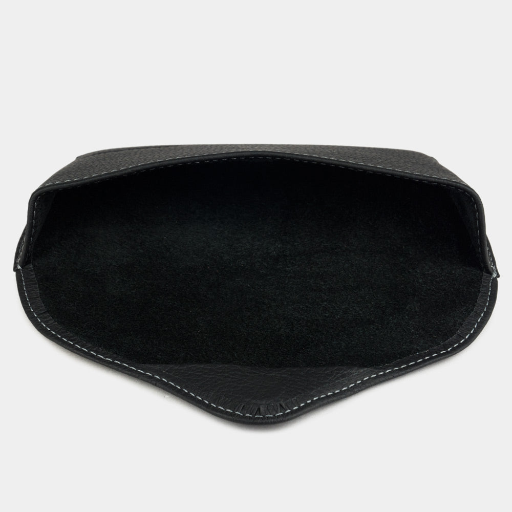 Luxury black leather sunglasses case featuring rigid hard case construction