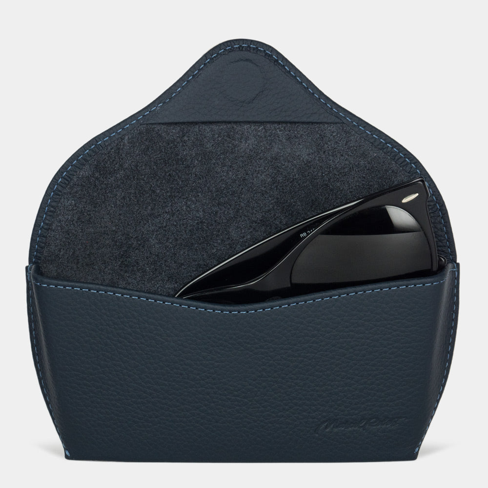 Protective blue leather sunglasses case designed for secure eyewear storage