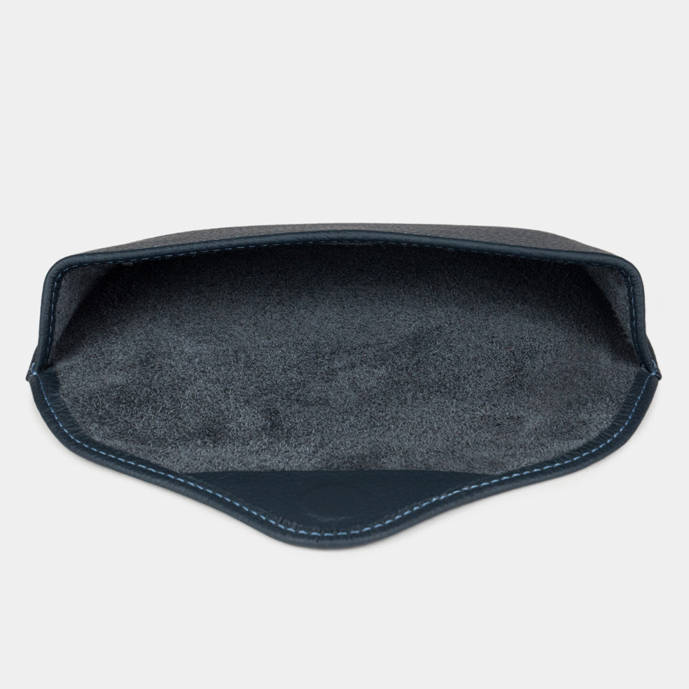 Blue leather hard glasses case with soft interior lining for sunglasses protection