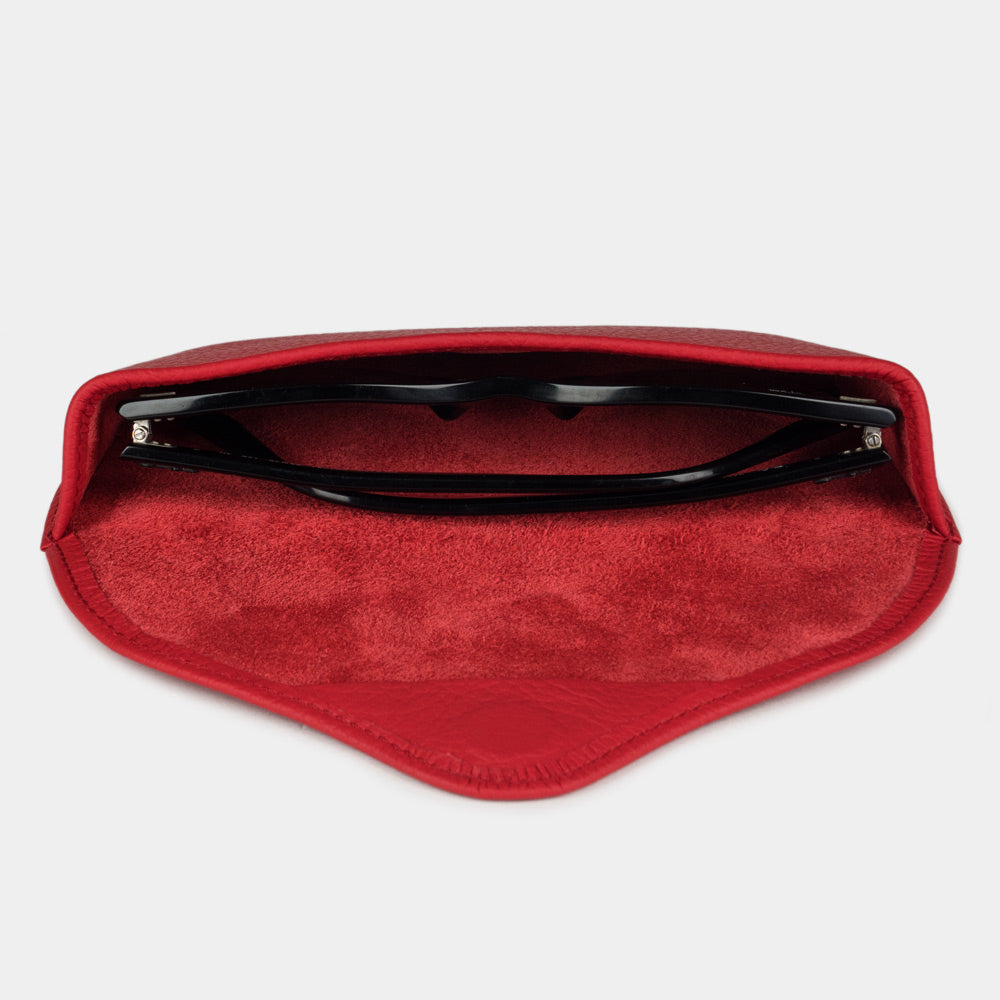 Red leather sunglasses case with hard shell protection and soft interior lining