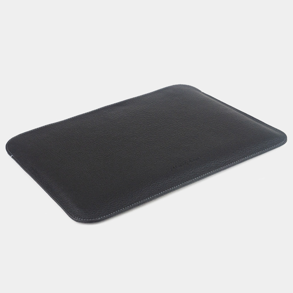 Slim black leather MacBook sleeve 14 inch, minimalist protective laptop case for men