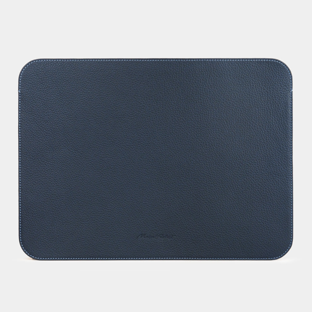 Minimalist blue leather laptop sleeve 14 inch back view, slim MacBook pouch design